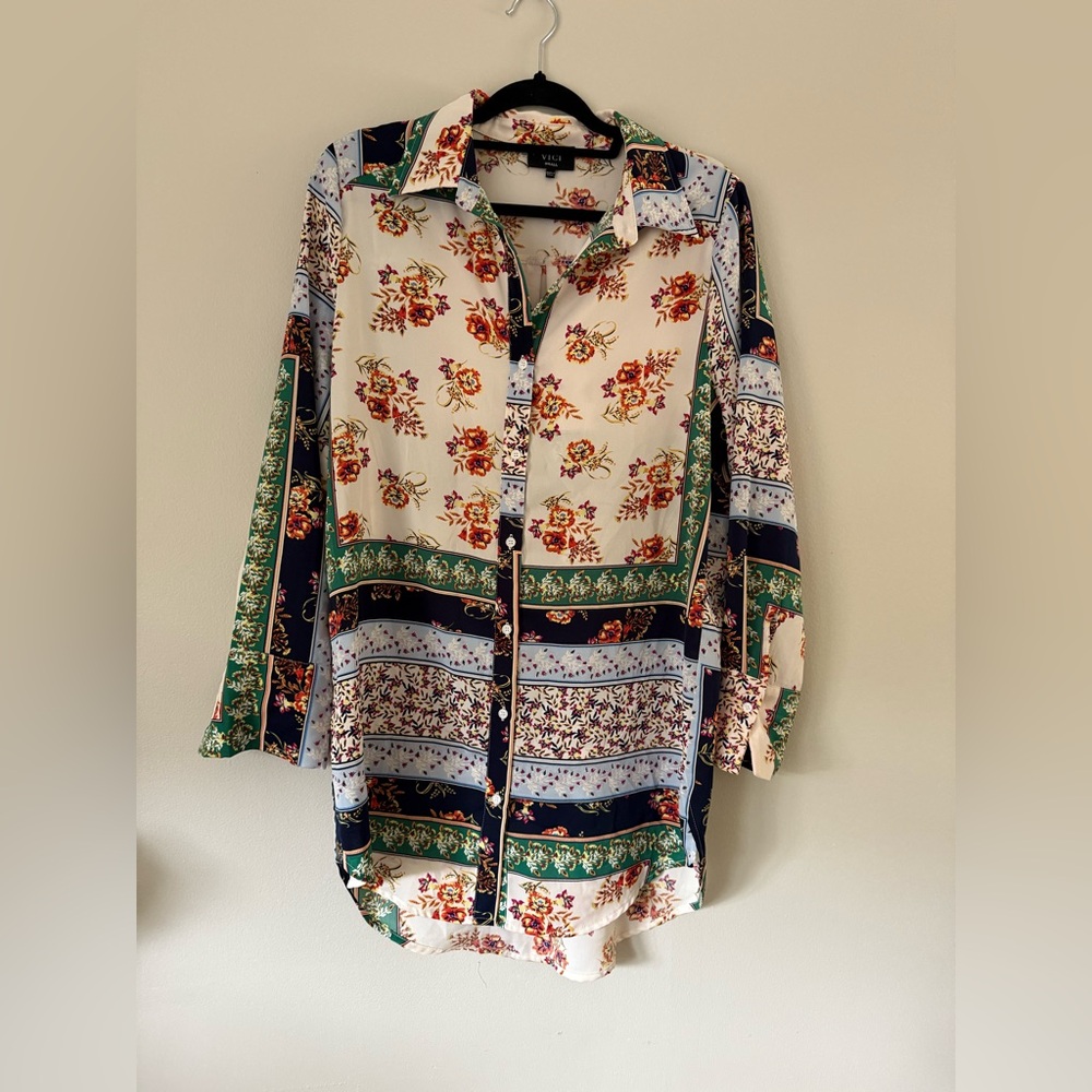 VICI Floral and Striped Button-Up Shirt Dress | S